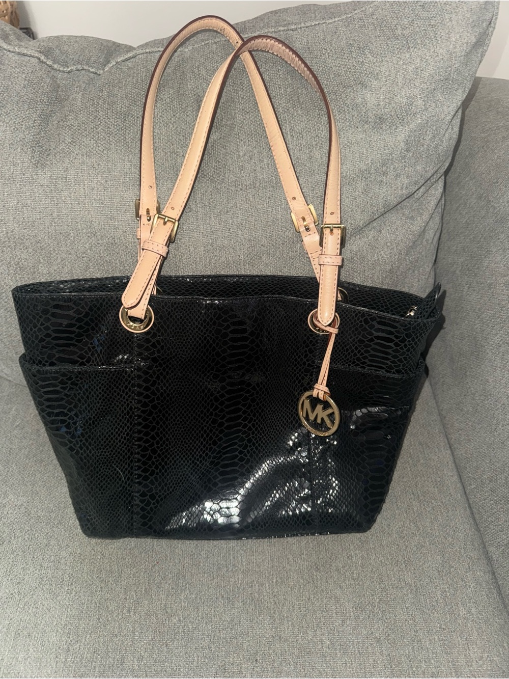 Michael Kors Black Patent Snake Skin Tote w/Leather Straps